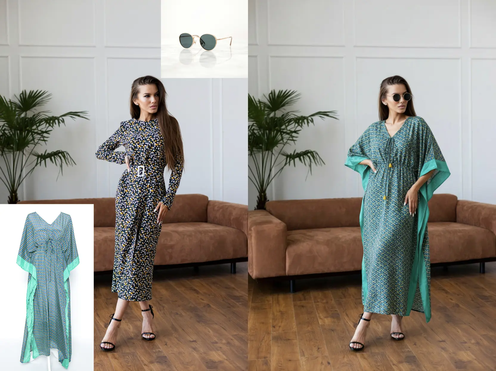 Prompt:The person in the first picture wears the glasses in the second picture, and then changes into the clothes in the third picture.