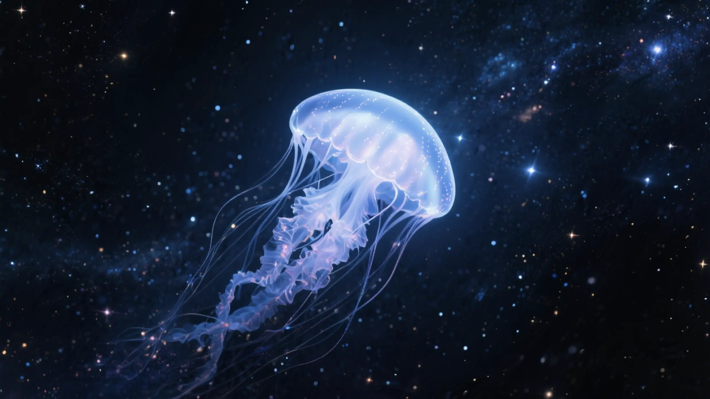Prompt: A glowing jellyfish floating through an endless galaxy, stars twinkling in the background, camera rotates gently around, ethereal ambiance, surreal beauty