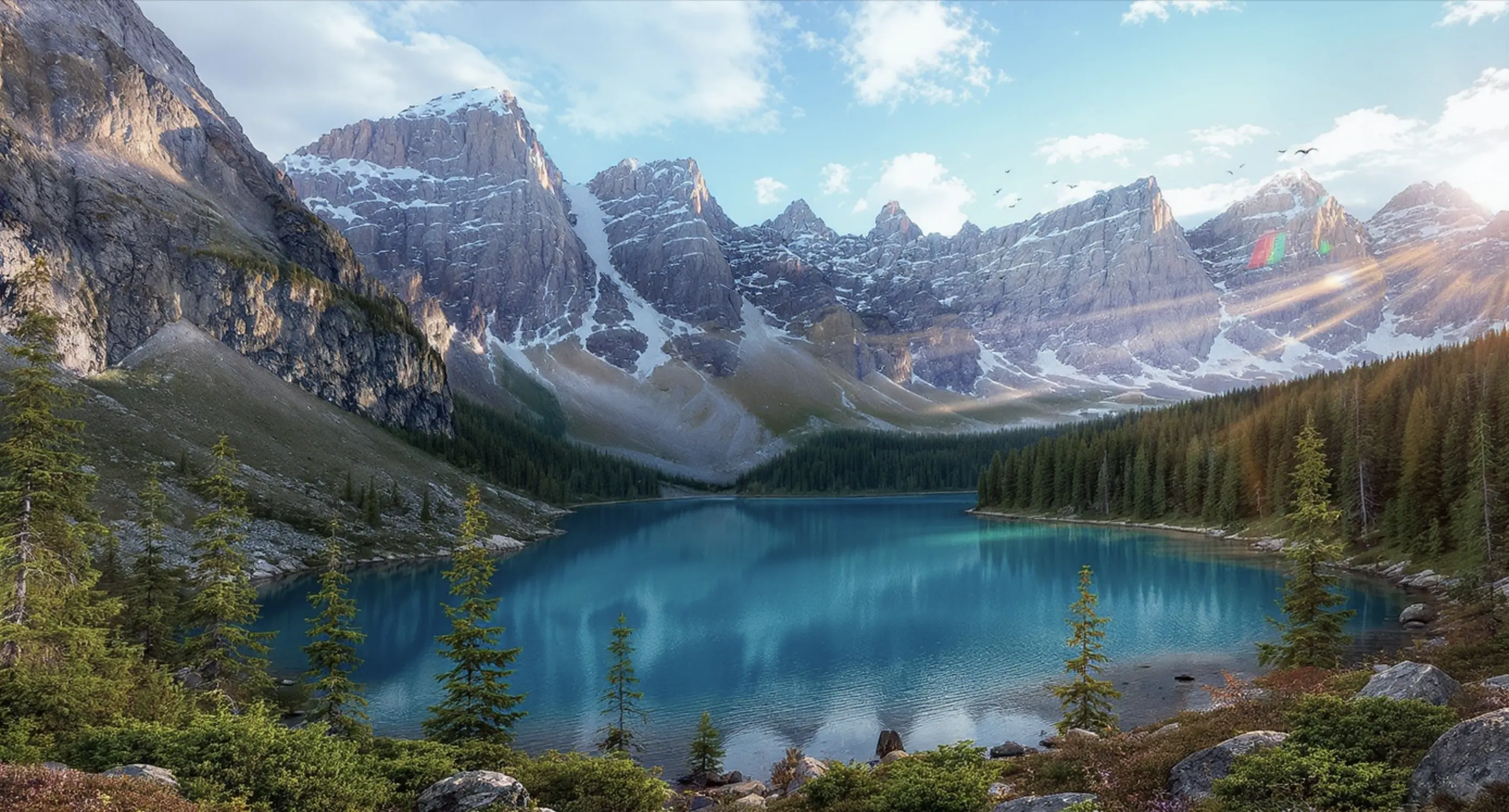 Prompt: Create a beautiful landscape with mountains, lakes, and forests in a realistic style with high quality and artistic details.